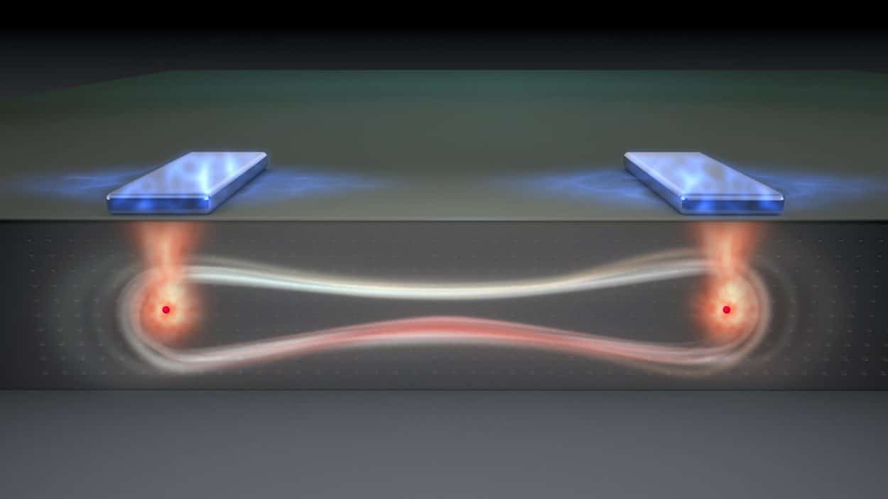 Artist's impression of two electrons being entangled inside a silicon quantum processor. Credit: Tony Melov / UNSW