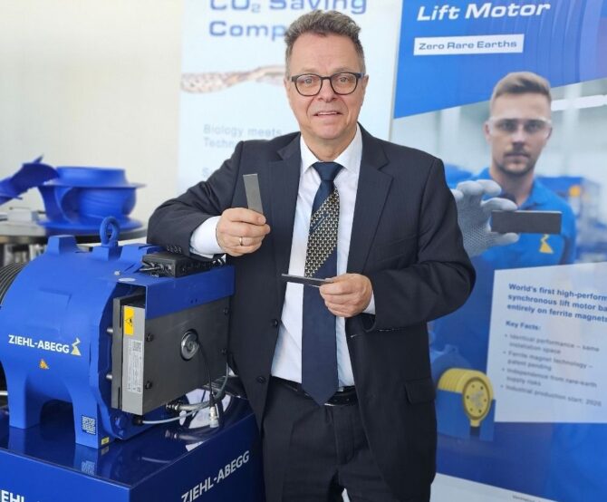 Image At Hannover Messe Press Preview, ZIEHL-ABEGG Unveils Rare-Earth-Free Lift Motor with Ferrite Magnets